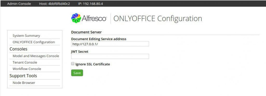 ONLYOFFICE control panel in Alfresco