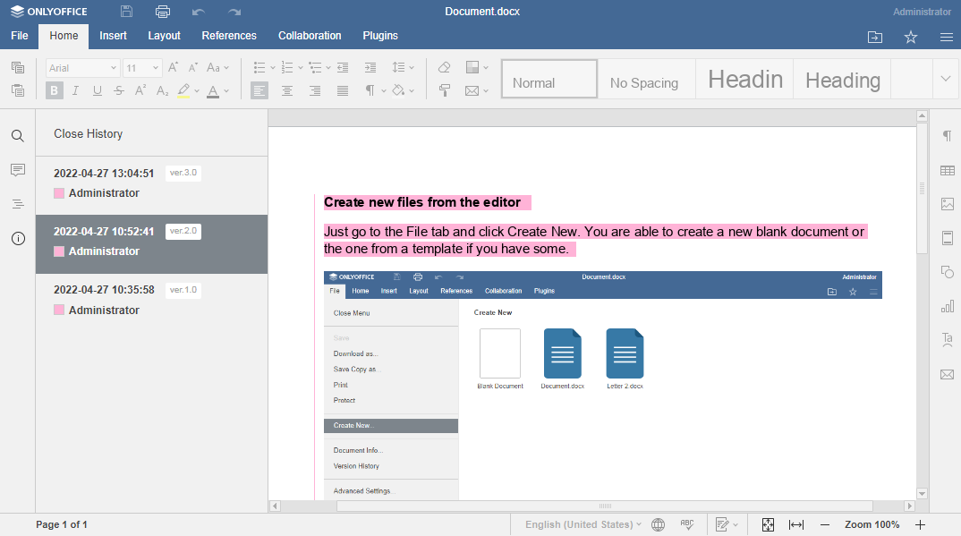 El conector de ONLYOFFICE v.6.0 para Alfresco: historial de versiones, comparación de documentos, combinación de correspondencia y mucho más