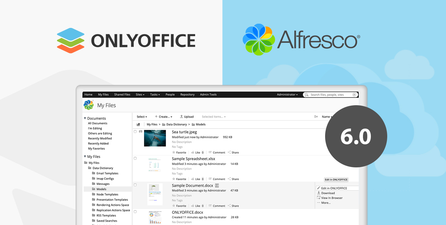 El conector de ONLYOFFICE v.6.0 para Alfresco: historial de versiones, comparación de documentos, combinación de correspondencia y mucho más