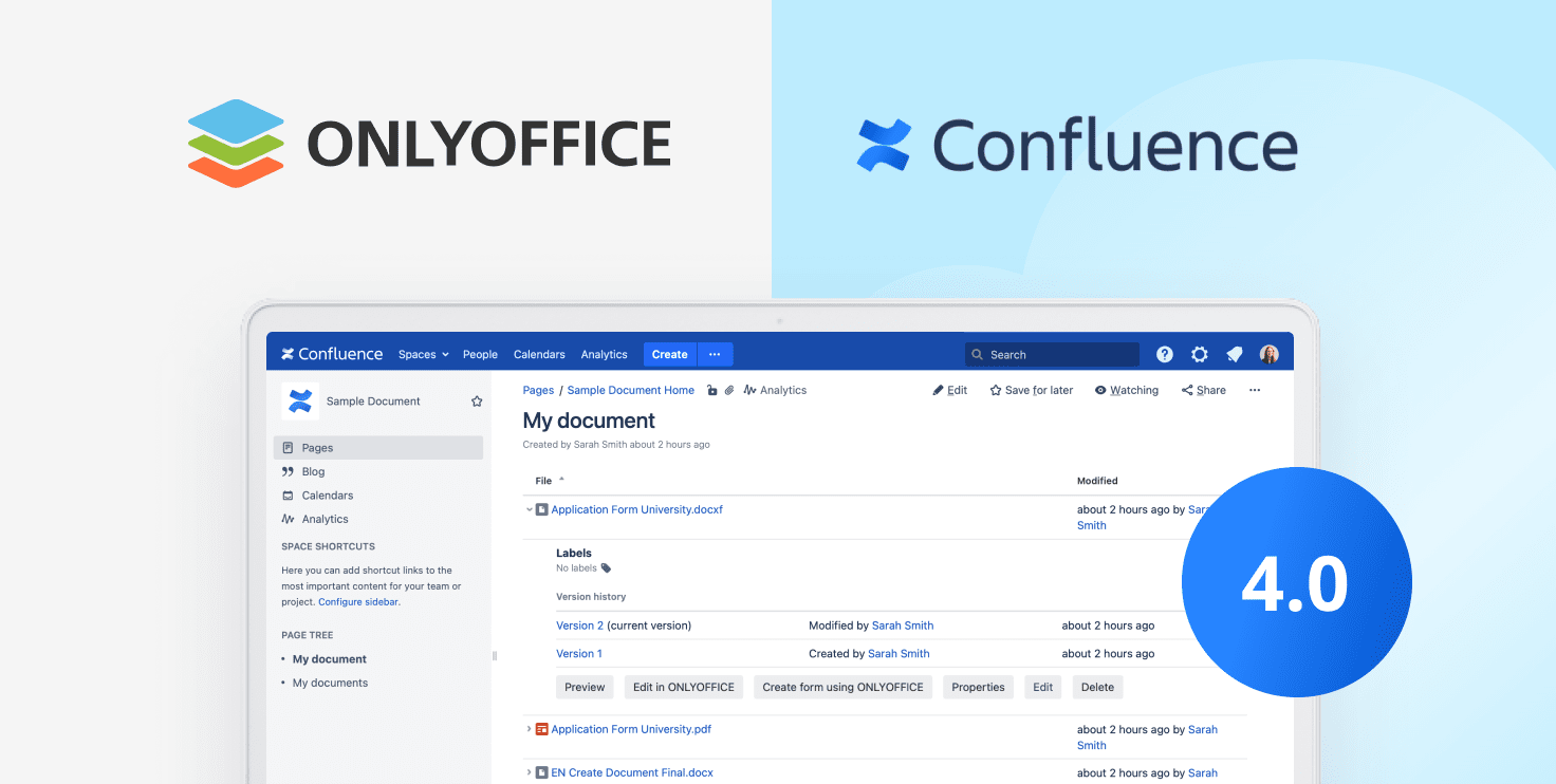 Conector de ONLYOFFICE v4.0 para Confluence: historial de versiones, ajustes de verificación de certificados, Forzar Guardar, edición de formatos no OXML y más