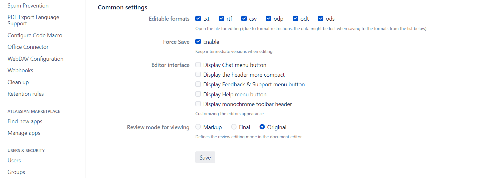 ONLYOFFICE connector v4.0 for Confluence: Version History, certificate verification settings, Force Save, editing non-OOXML formats and more