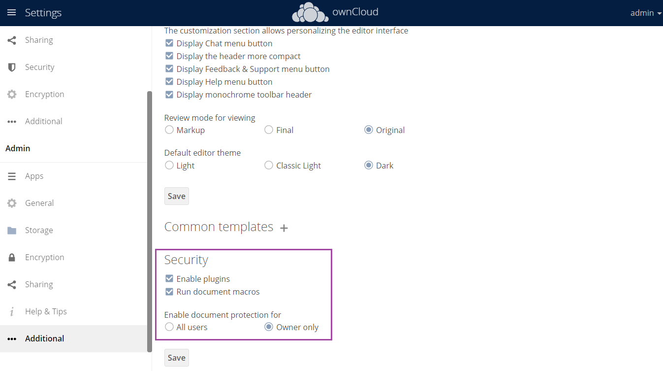 Conector ONLYOFFICE para ownCloud: a versão 7.8.1 está disponível com novas configurações de segurança e interface dinamarquesa