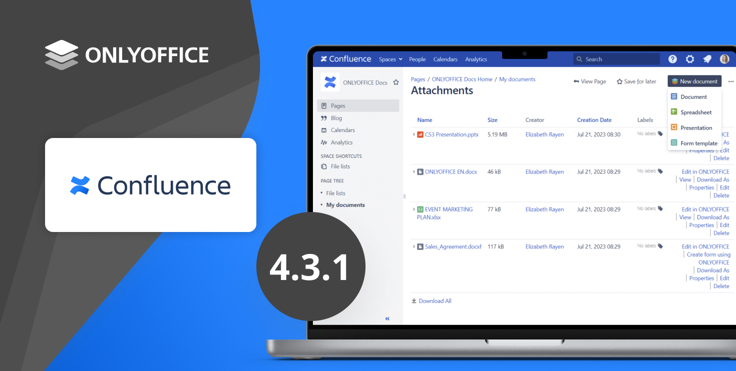 Connettore ONLYOFFICE per Confluence: la versione 4.3.1 è disponibile con l’anteprima del documento