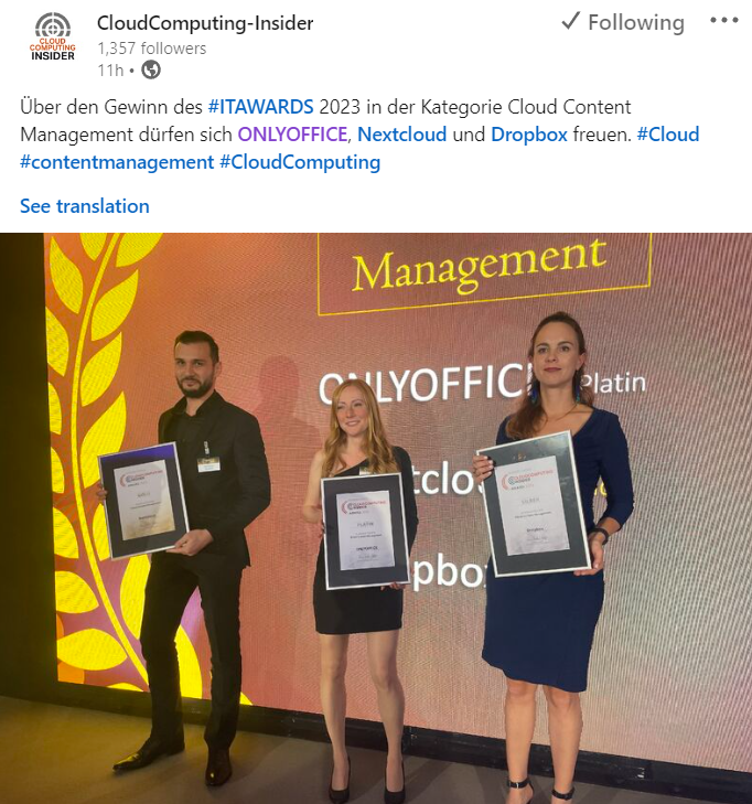 ONLYOFFICE obtiene el primer puesto en los Premios de Cloud Computing Insider 2023