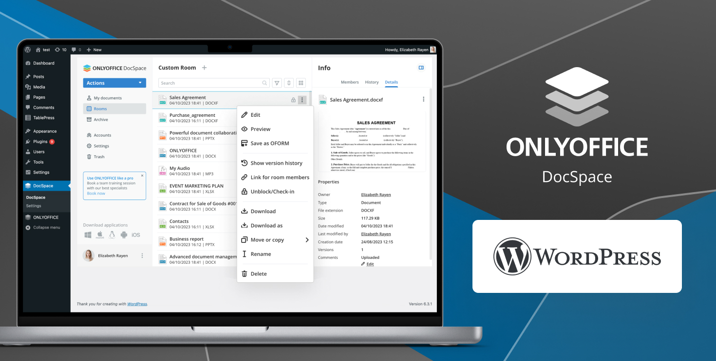 Incorpore documentos e pastas ao seu site WordPress usando o conector ONLYOFFICE DocSpace