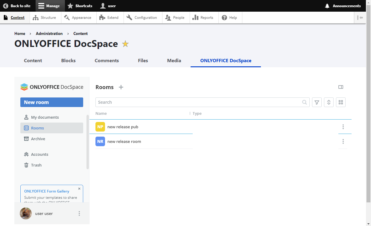 Aplicativo ONLYOFFICE DocSpace para Drupal lançado: torne os arquivos do Office facilmente acessíveis aos visitantes do seu site