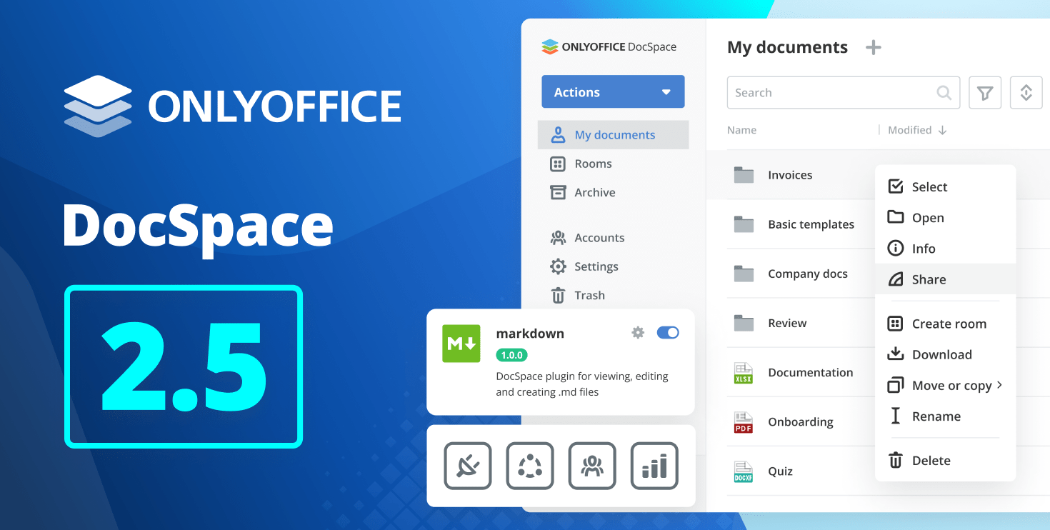 ONLYOFFICE DocSpace 2.5 objavljen: poboljšanja Javnih prostorija, grupe korisnika, upravljanje skladištem, ugrađivanje unapred podešenih postavki, i još mnogo toga