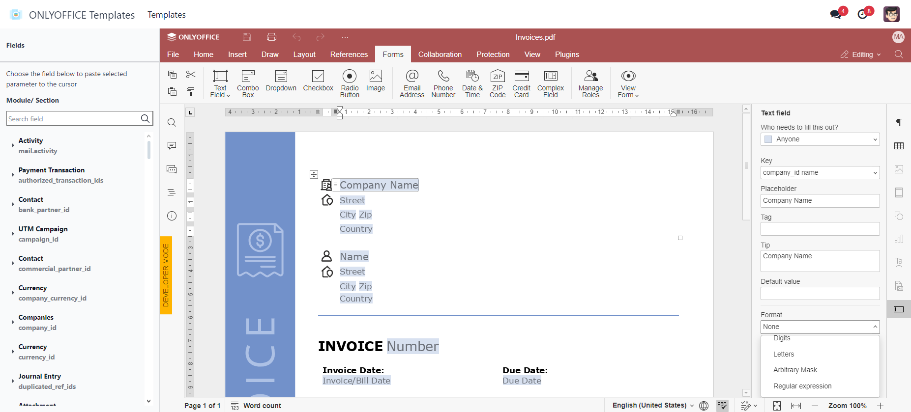 Trabaja con plantillas de formularios rellenables en Odoo usando la nueva aplicación ONLYOFFICE Templates