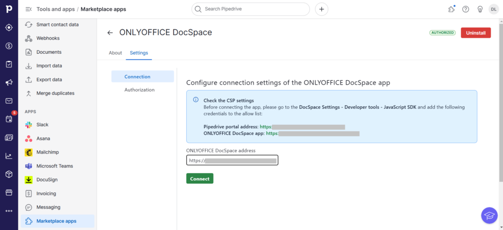 Application ONLYOFFICE DocSpace pour Pipedrive