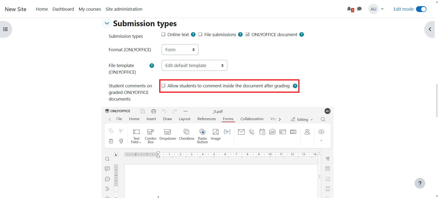 ONLYOFFICE Assign Submission plugin v4.1.0 for Moodle: assignment editing, commenting on submitted files with notifications and support for mobile browser detection