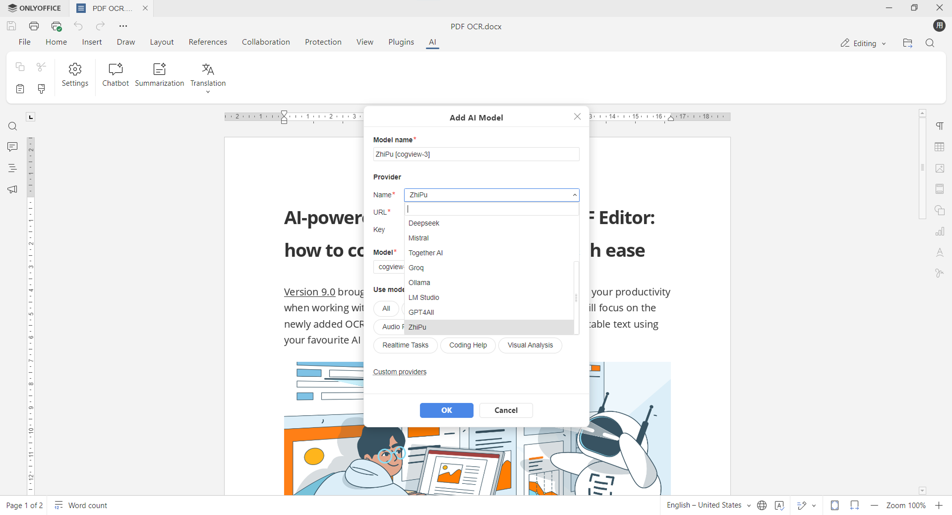 How to connect Zhipu AI to ONLYOFFICE AI plugin