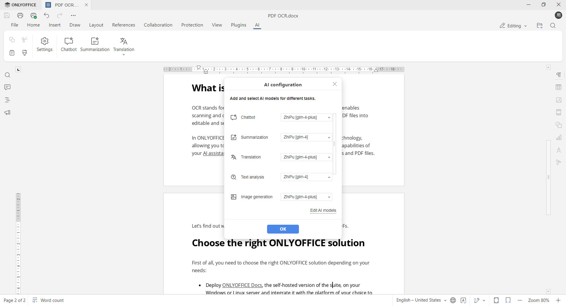 How to connect Zhipu AI to ONLYOFFICE AI plugin