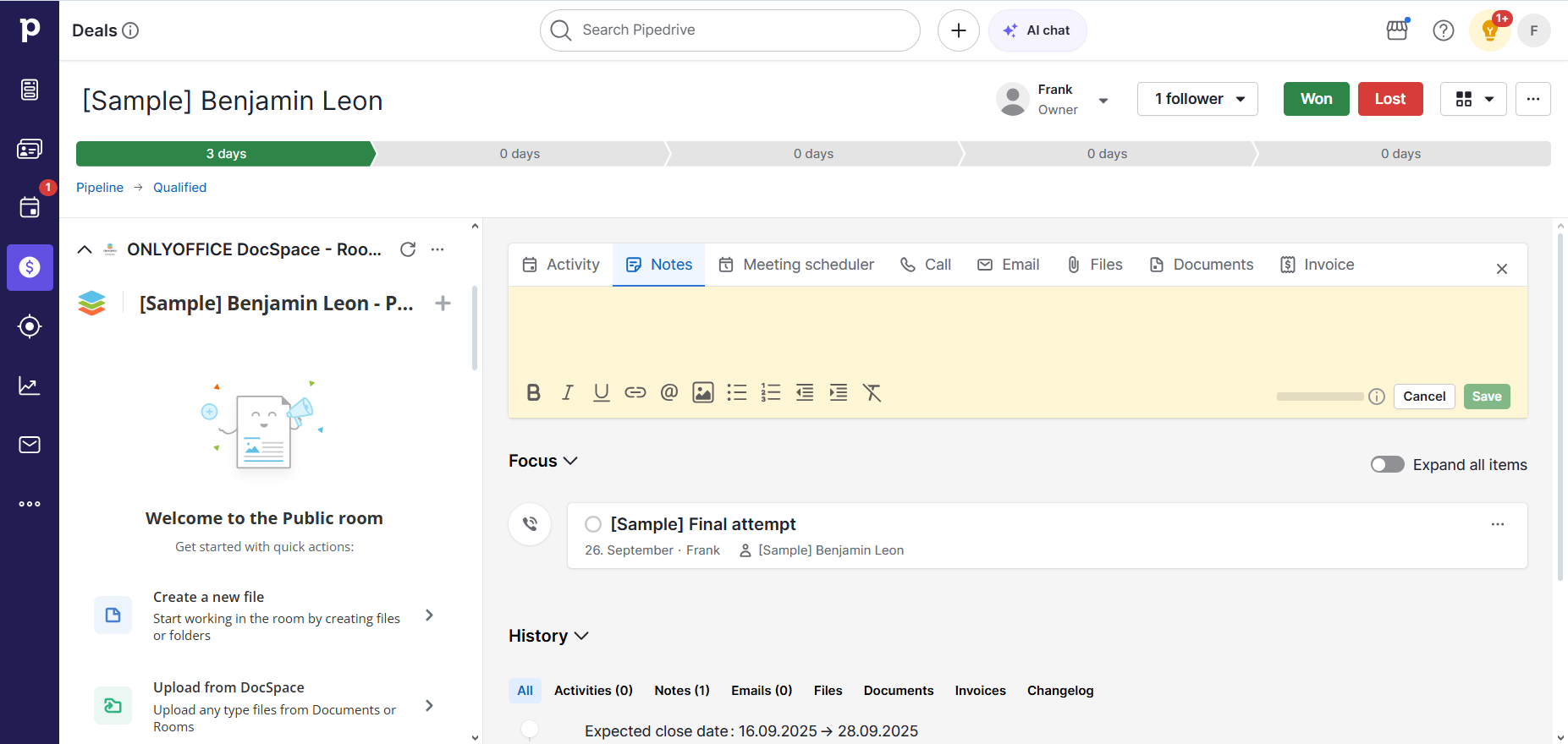 ONLYOFFICE DocSpace app for Pipedrive 1.1.0 released: updated welcome guide, default public rooms, room type selection and more