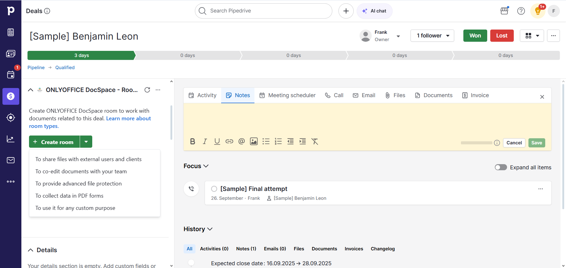 ONLYOFFICE DocSpace app for Pipedrive 1.1.0 released: updated welcome guide, default public rooms, room type selection and more