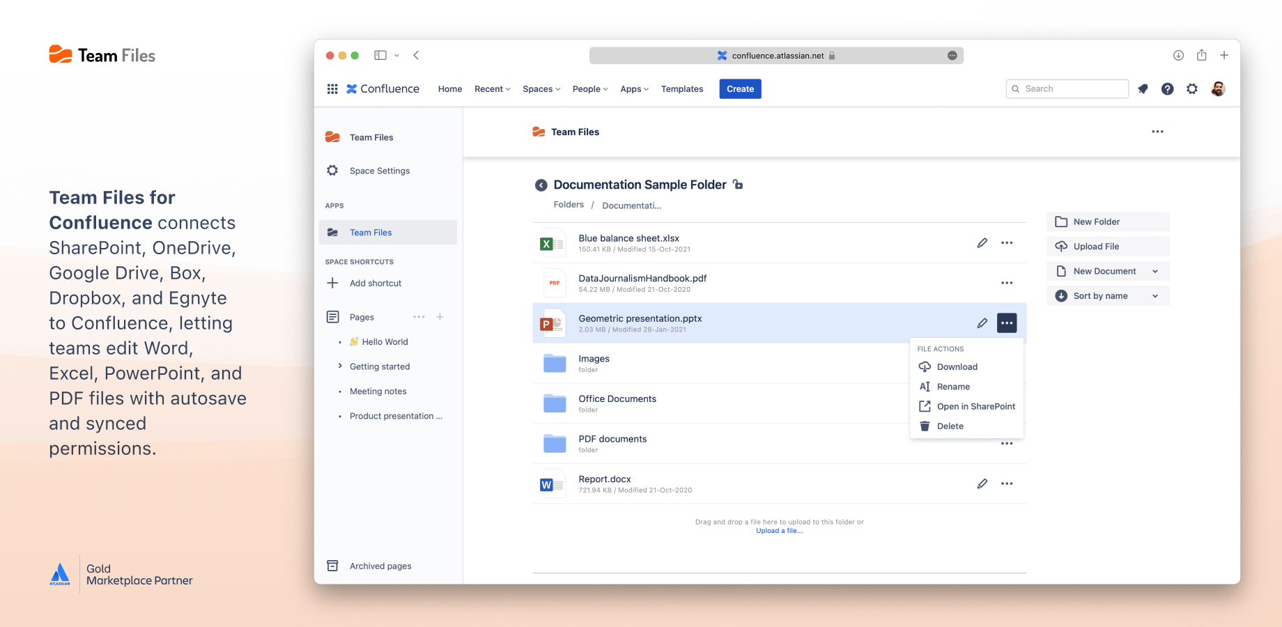 Screenshot of Team Files for Confluence showing a Jira issue with attached documents from SharePoint, Excel, PowerPoint, and Word, demonstrating in-place editing with autosave and synced permissions.