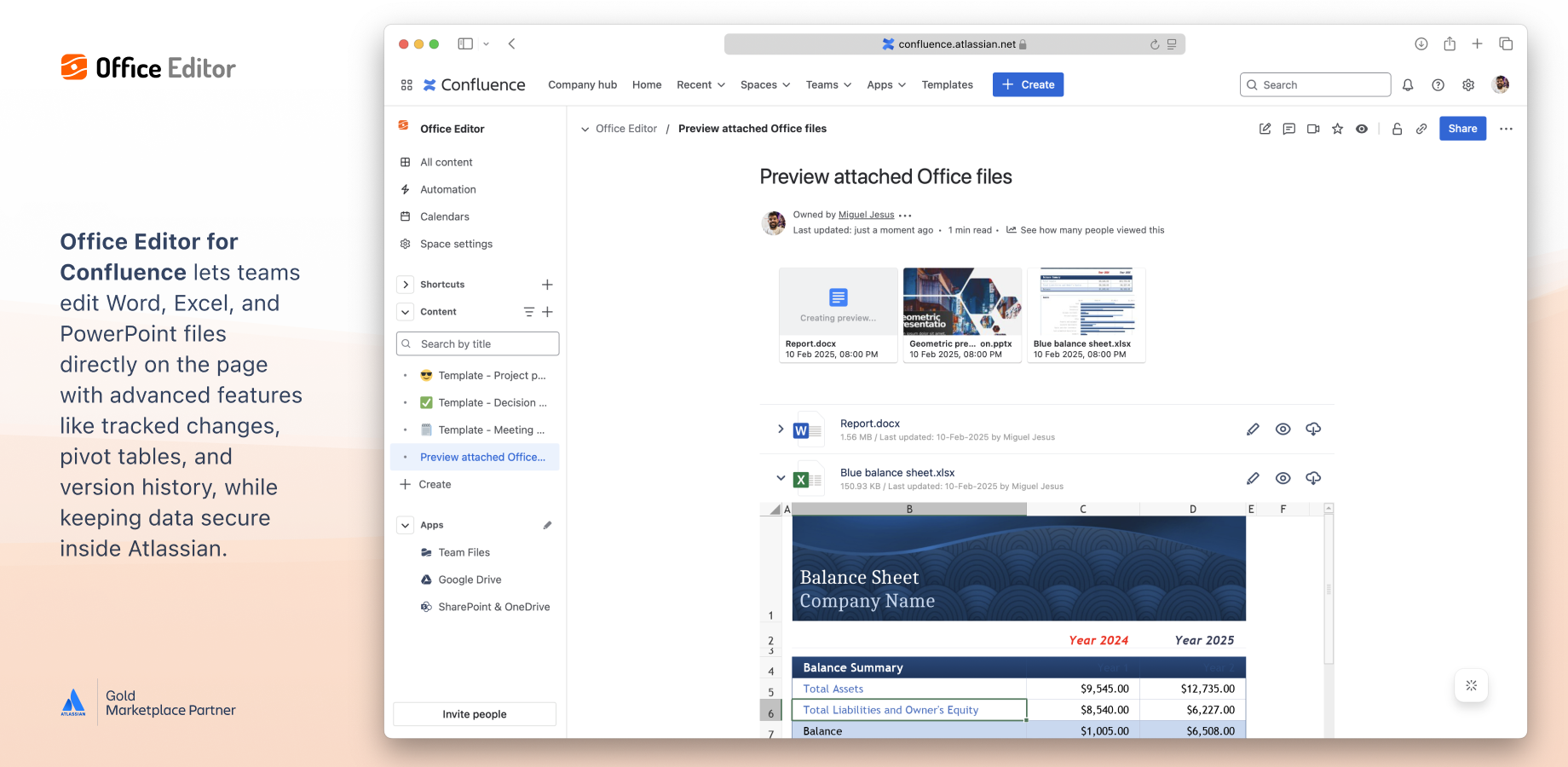 Screenshot of Office Editor for Confluence showing a Word and Excel file opened directly on a Confluence page with advanced editing features like tracked changes, pivot tables, and version history.