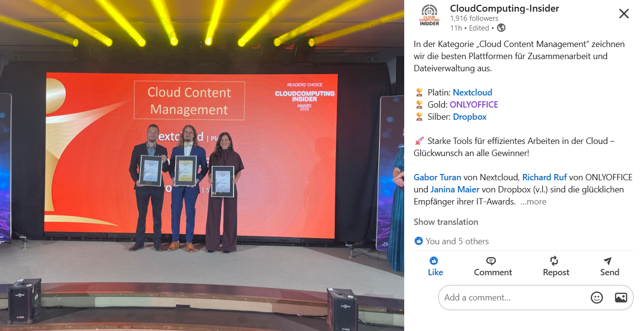 ONLYOFFICE wins Gold in Cloud Computing Insider Awards 2025