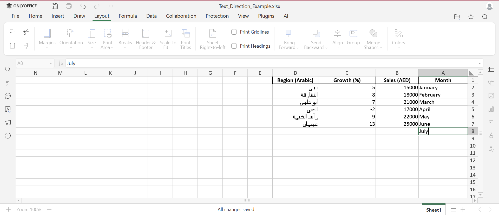 How to change text direction in Excel (rotate or RTL)