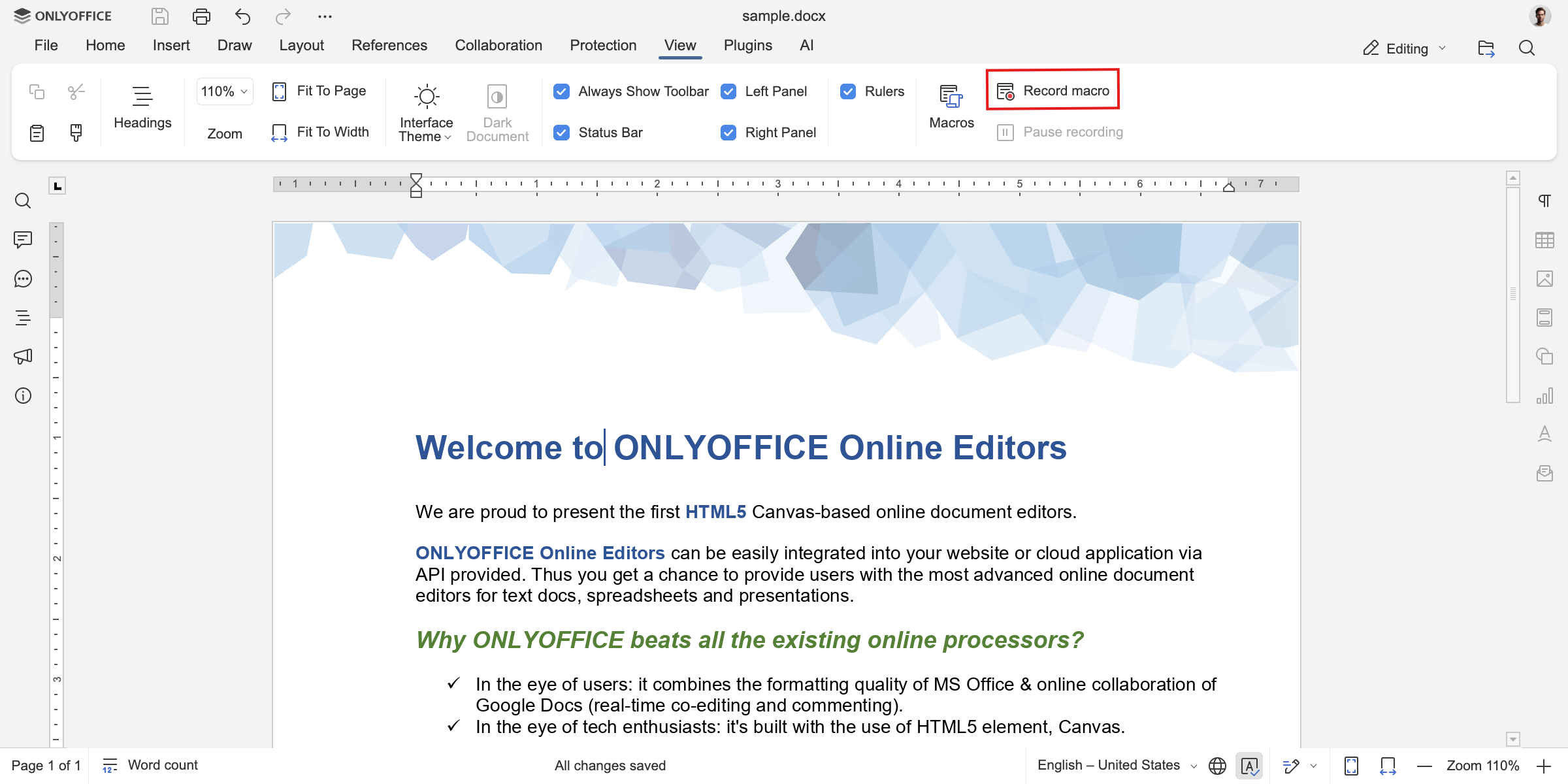 Instantly create macros in ONLYOFFICE using the record macro feature