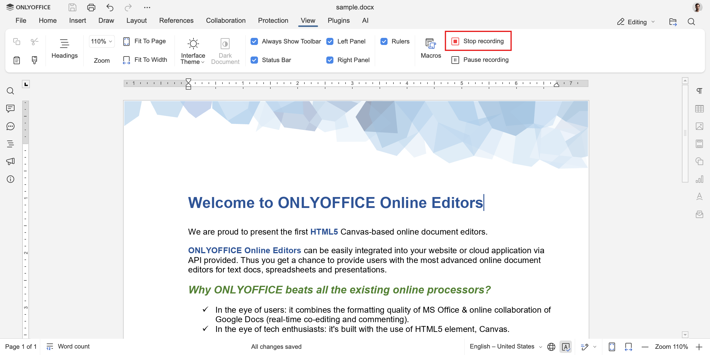 Instantly create macros in ONLYOFFICE using the record macro feature