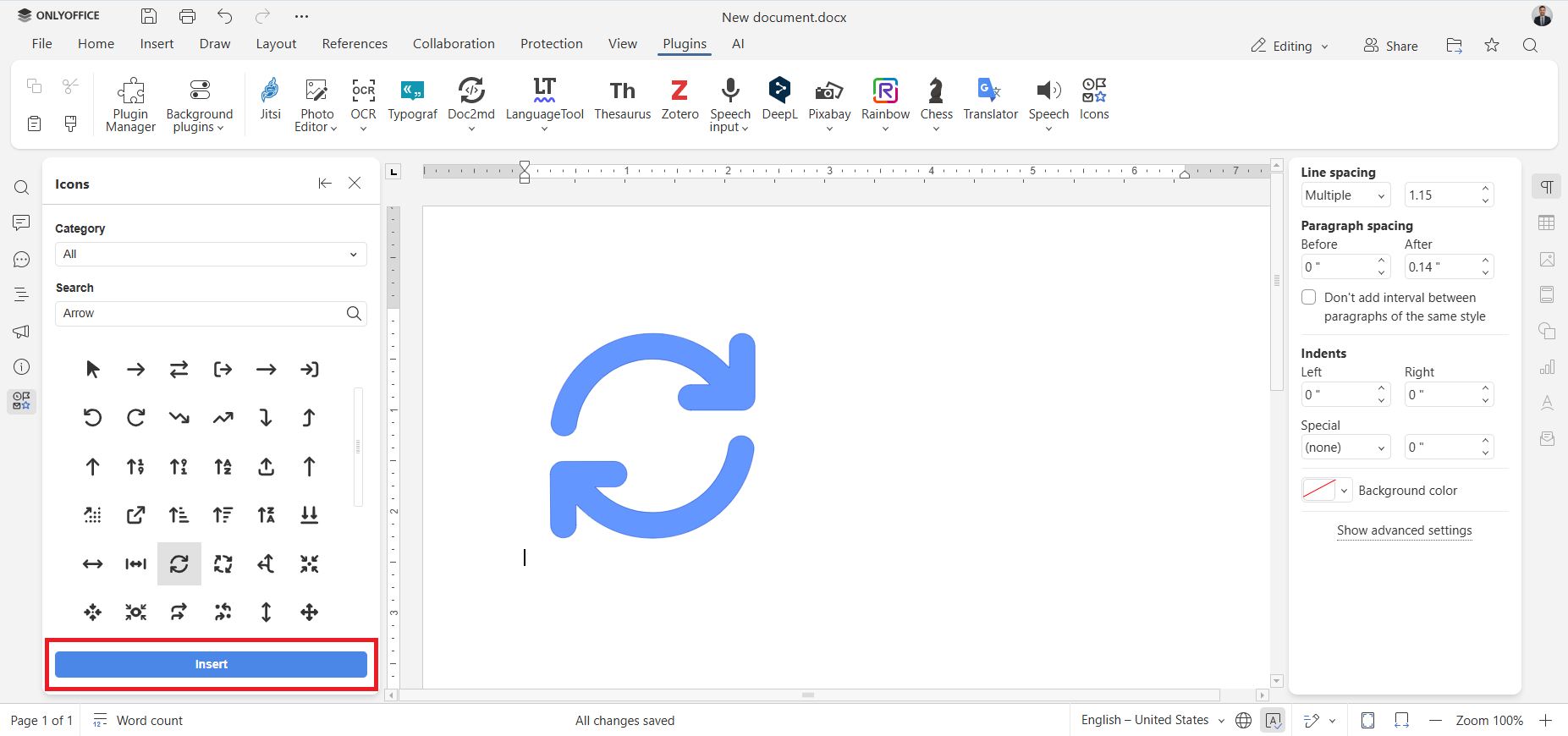 New Icons plugin for ONLYOFFICE: insert customizable icons into your documents with ease