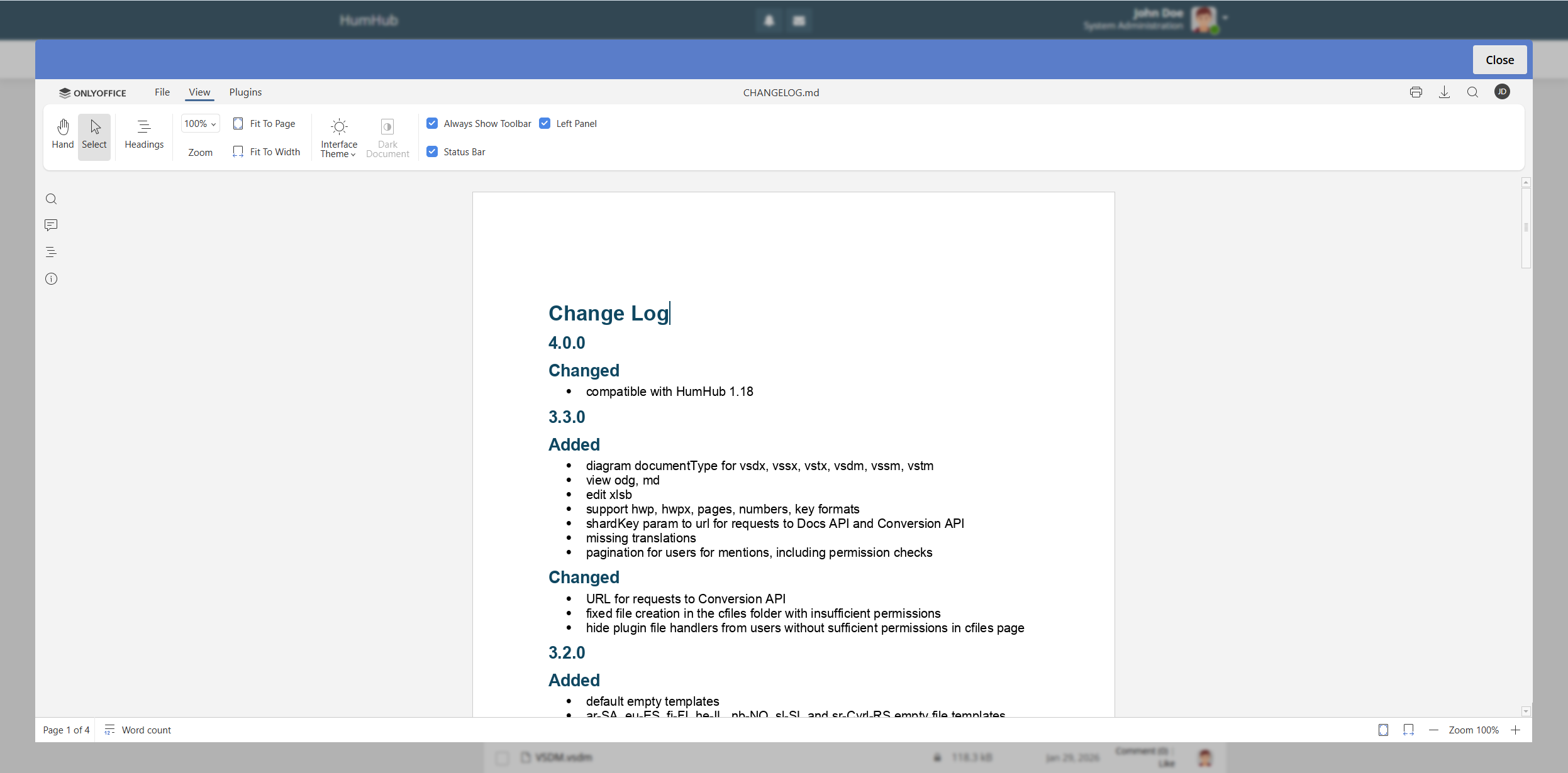 ONLYOFFICE connector v4.0.0 for HumHub released: diagram viewing, new supported file formats and other updates