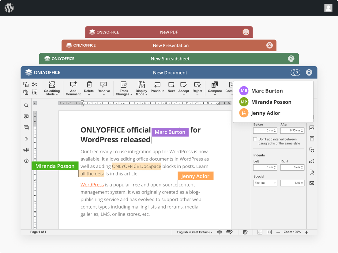 تكامل ONLYOFFICE DocSpace مع WordPress: أضف مشاركة مستندات آمنة والتعاون إلى موقعك الإلكتروني