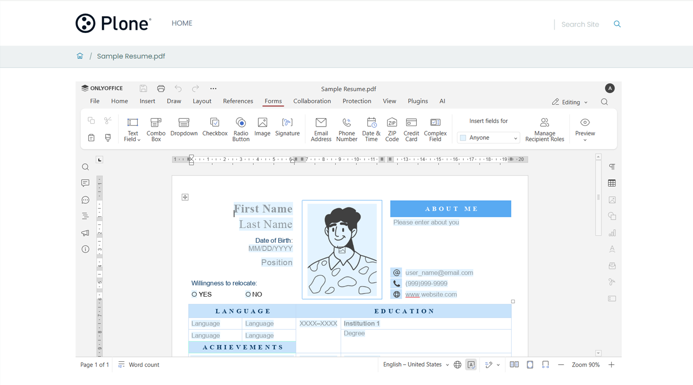 ONLYOFFICE-Connector für Plone v4.1.0: ausfüllbare PDF-Formulare und erweiterte Lokalisierung