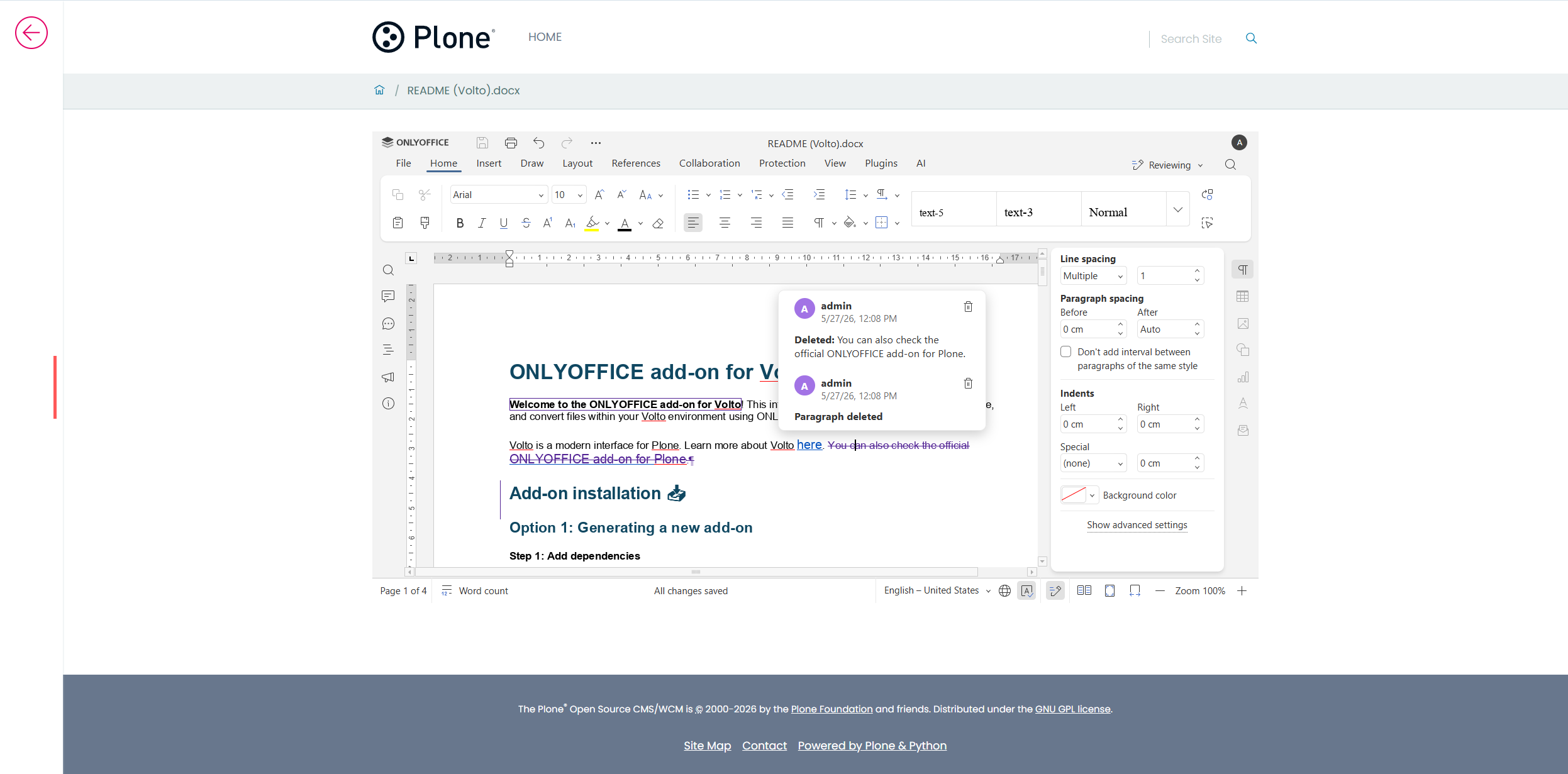 Conoce el conector ONLYOFFICE v1.0.0 para Volto: edición de documentos sin interrupciones para el frontend moderno de Plone