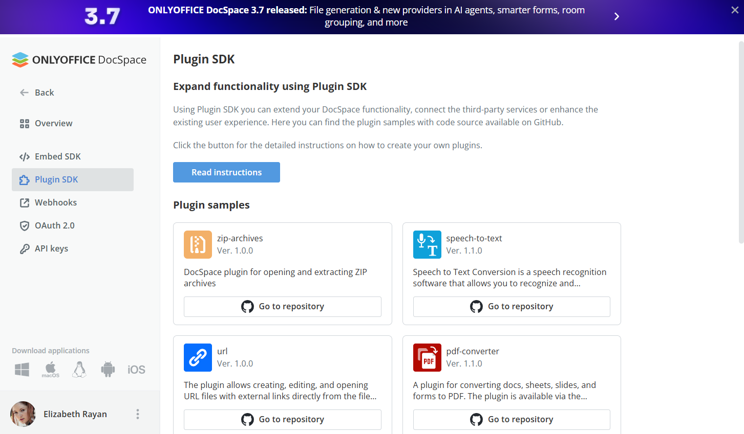 ONLYOFFICE DocSpace Developer 3.7: New plugin tools, webhooks, and AI building blocks