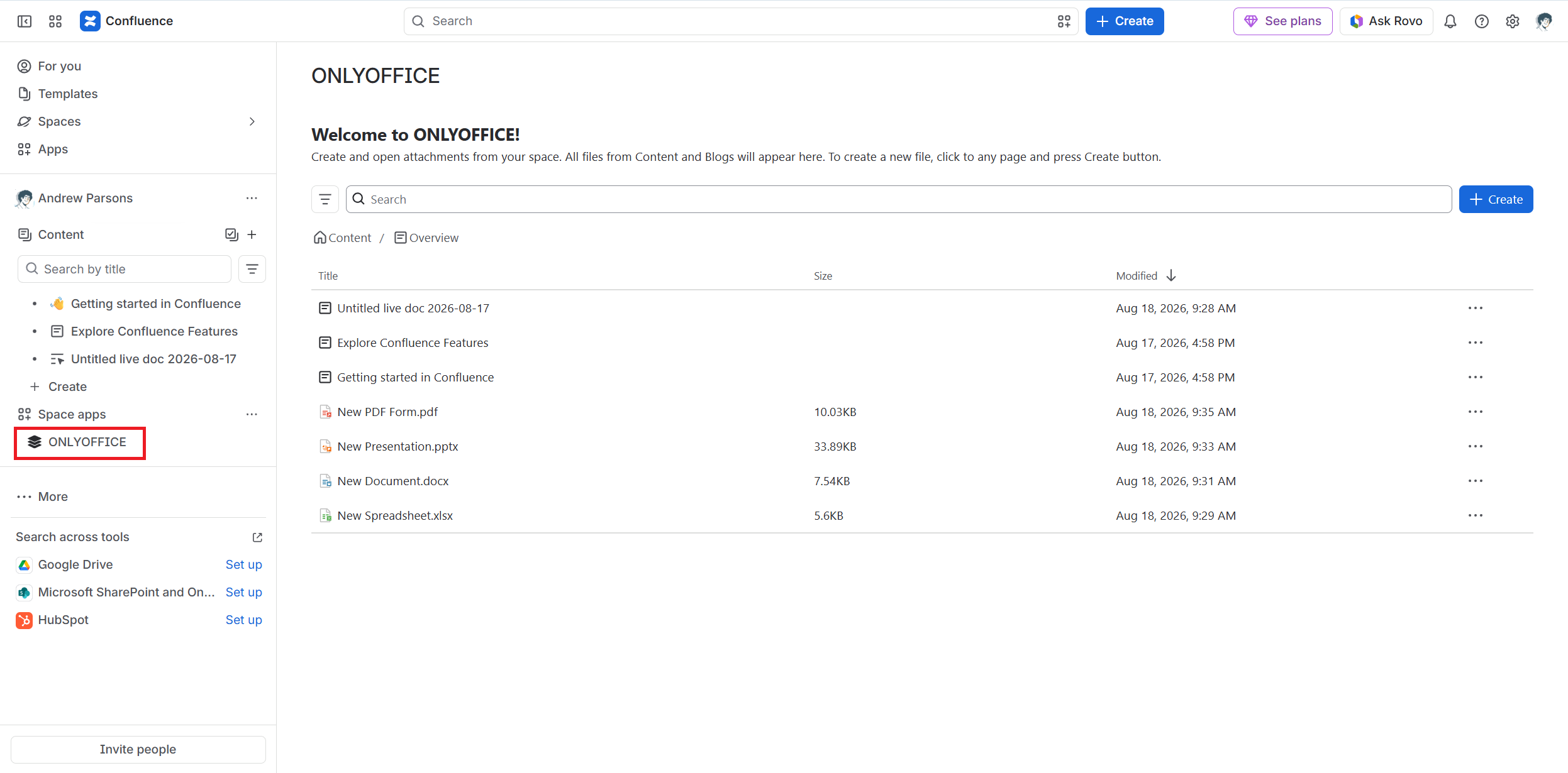 Lançamento do conector ONLYOFFICE v2.1.0 para Confluence Cloud: novos formatos suportados, página de espaço dedicada, navegação de arquivos aprimorada e mais