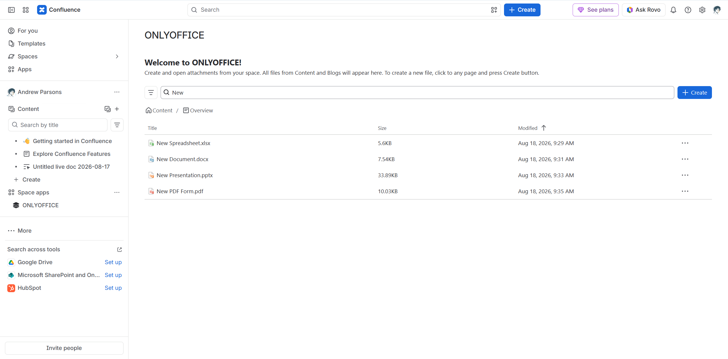 Lançamento do conector ONLYOFFICE v2.1.0 para Confluence Cloud: novos formatos suportados, página de espaço dedicada, navegação de arquivos aprimorada e mais