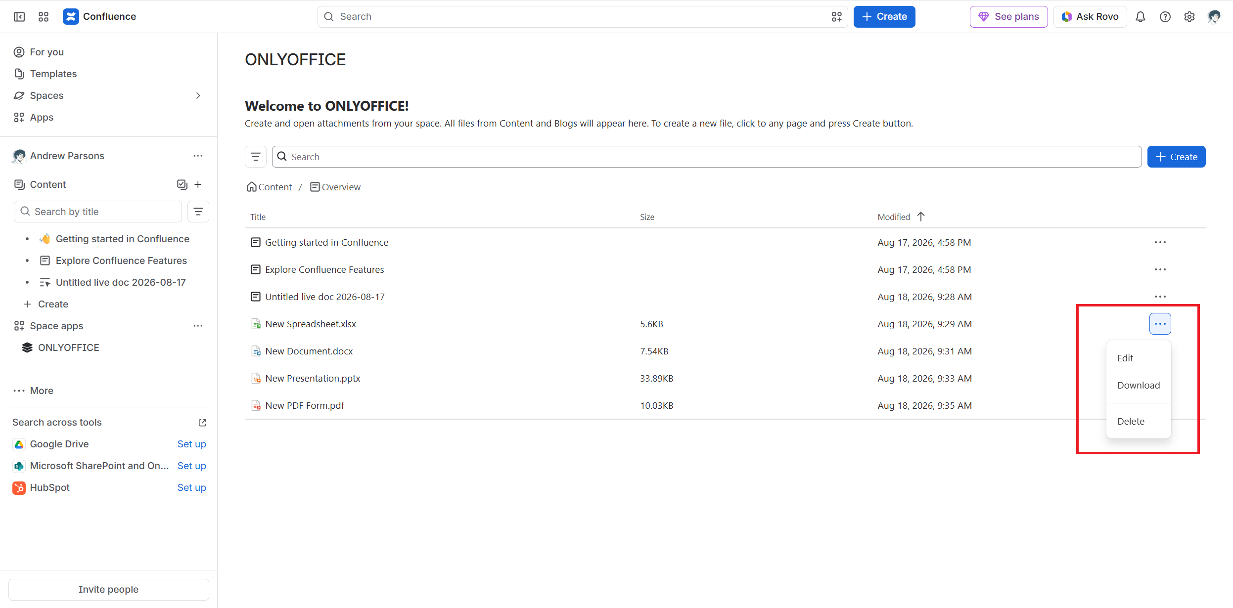 Lançamento do conector ONLYOFFICE v2.1.0 para Confluence Cloud: novos formatos suportados, página de espaço dedicada, navegação de arquivos aprimorada e mais