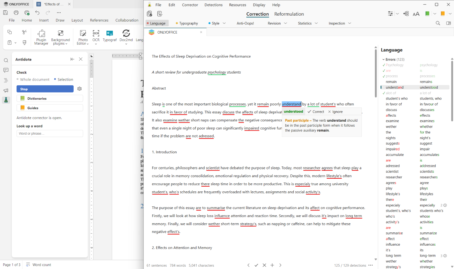 Neues Antidote-Plugin für ONLYOFFICE: Überprüfen und Verbessern Ihrer Texte in Englisch und Französisch